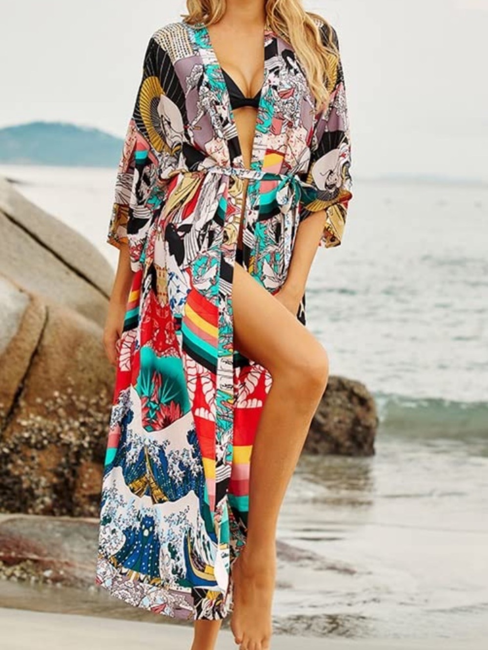 MGWYE Multicolor Long Printed Kimono Cover-Up